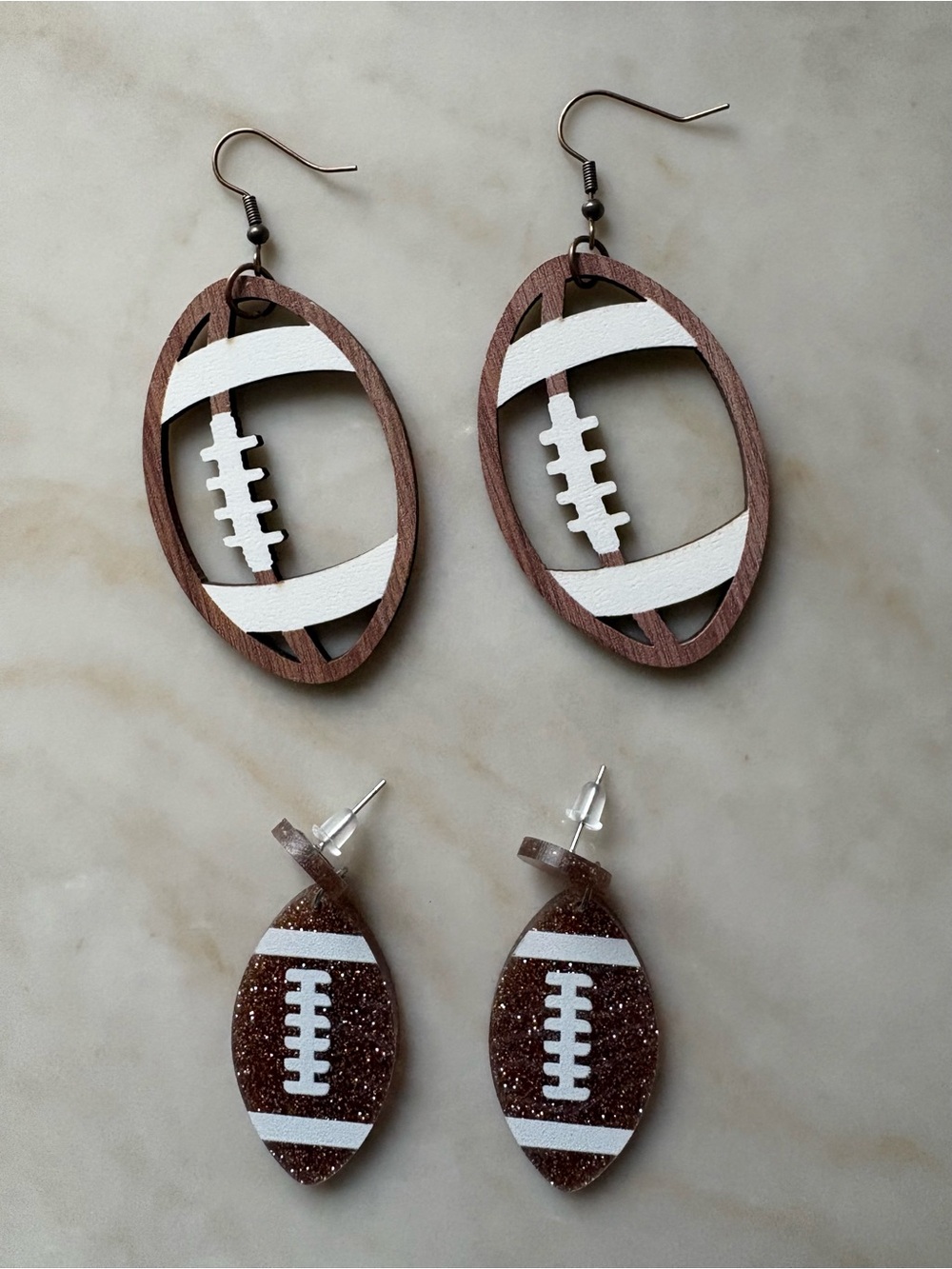 Football Earrings - White & Brown - Unbranded wooden & Acrylic